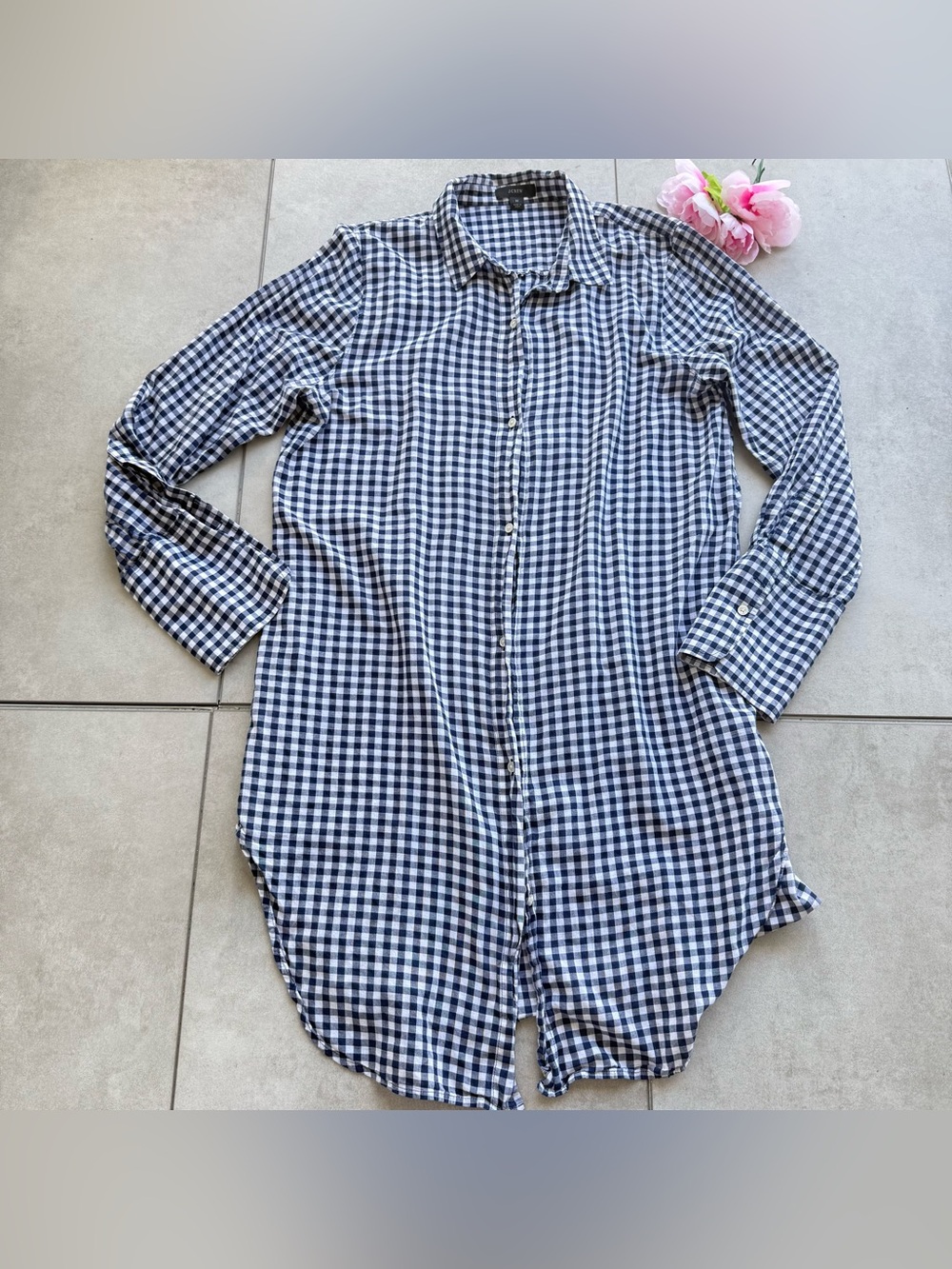 J. Crew Navy and White Gingham Button-Down Shirt Dress